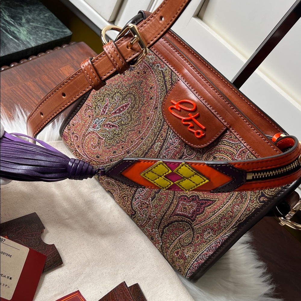 ETRO Brown Paisley Crossbody Bag with Orange Trim, Purple Tassel Like New - Picture 6 of 17
